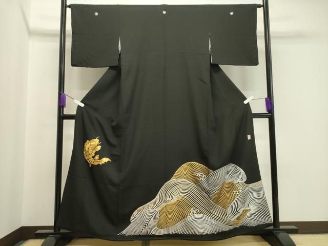 平和屋着物●人間国宝 五代 田畑喜八 黒留袖 駒刺繍 荒磯 金銀彩 正絹 gh