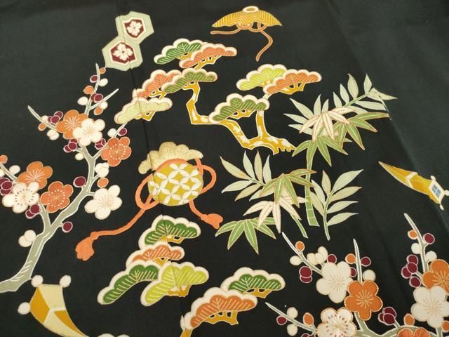 平和屋着物○豪華黒留袖 友禅 駒刺繍 松竹梅吉祥宝尽くし 金彩 正絹