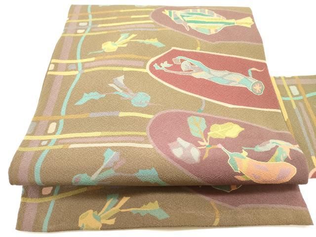 平和屋着物●全通柄九寸名古屋帯　魚　成り物　正絹　逸品　DAAZ2340op 平和屋着物○全通柄九寸名古屋帯 魚 成り物 正絹 逸品