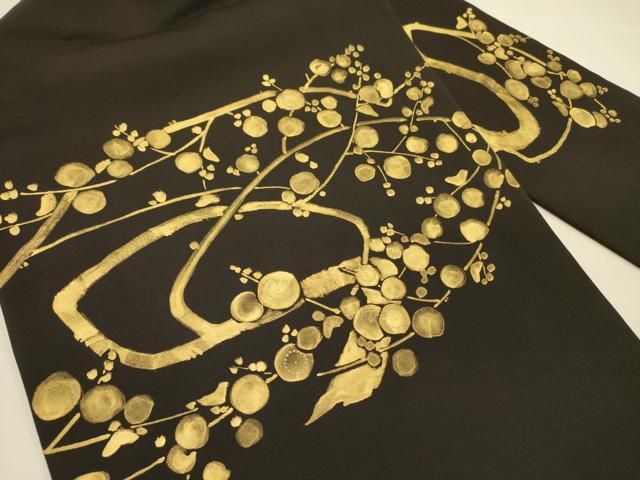 平和屋着物 塩瀬 九寸名古屋帯 枝梅 黒地 金彩 正絹 op