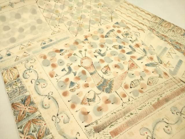 平和屋着物 塩瀬 九寸名古屋帯 手描き 花鳥文 正絹 op