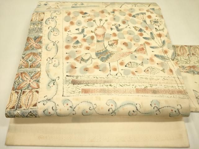 平和屋着物 塩瀬 九寸名古屋帯 手描き 花鳥文 正絹 op