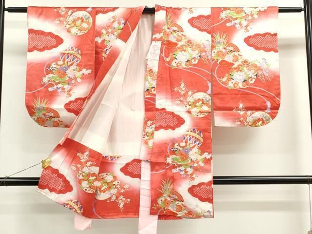 平和屋着物 七五三 女の子 ３歳 祝着 三つ身 絞り 雲取り鈴鞠草花文 暈し染め 金彩 ze