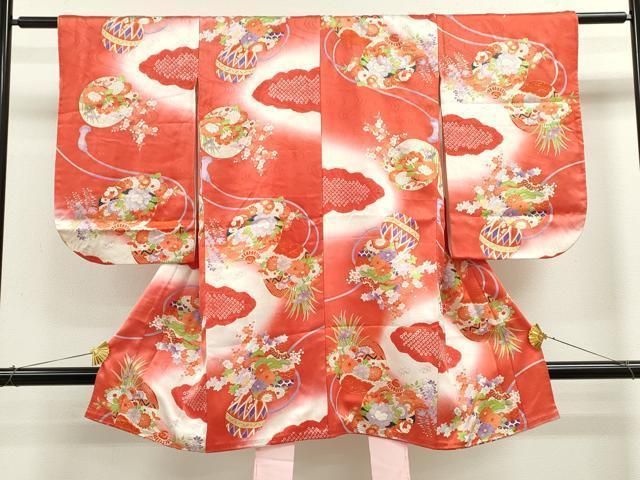 平和屋着物 七五三 女の子 ３歳 祝着 三つ身 絞り 雲取り鈴鞠草花文 暈し染め 金彩 ze