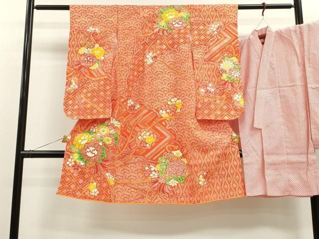 平和屋着物 七五三 女の子 ７歳 祝着 四つ身 長襦袢セット 駒刺繍 吉祥草花文 洗える着物 ze