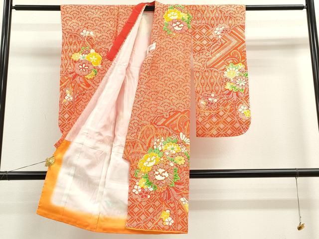 平和屋着物 七五三 女の子 ７歳 祝着 四つ身 長襦袢セット 駒刺繍 吉祥草花文 洗える着物 ze