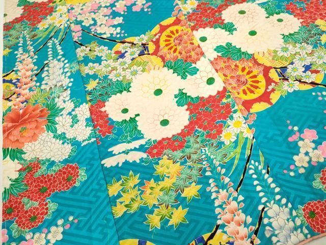 平和屋着物∵アンティーク 大正ロマン 女の子 十三参り 子供 祝着 花車文 逸品 CAAZ7102ze 十三参り 子供 大正ロマン 草花 立波文 一つ身