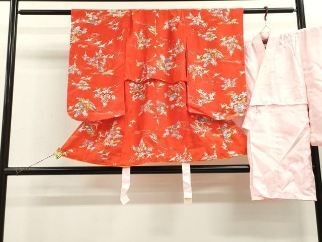 平和屋着物 七五三 女の子 ３歳 祝着 三つ身 長襦袢セット 飛鶴籬草花文 金彩 ze