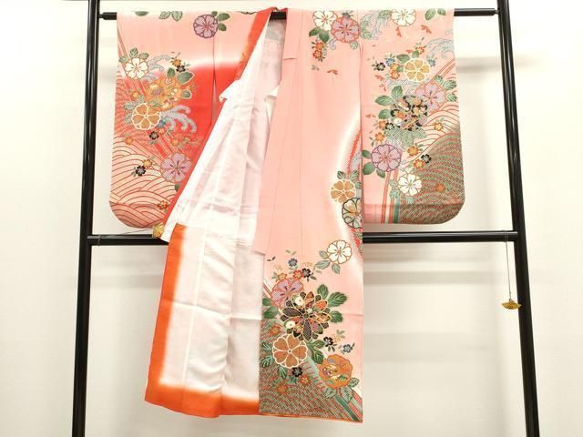 平和屋着物 七五三 女の子 ７歳 祝着 四つ身 長襦袢セット 立波宝尽くし舞花文 暈し染め 金彩 ze