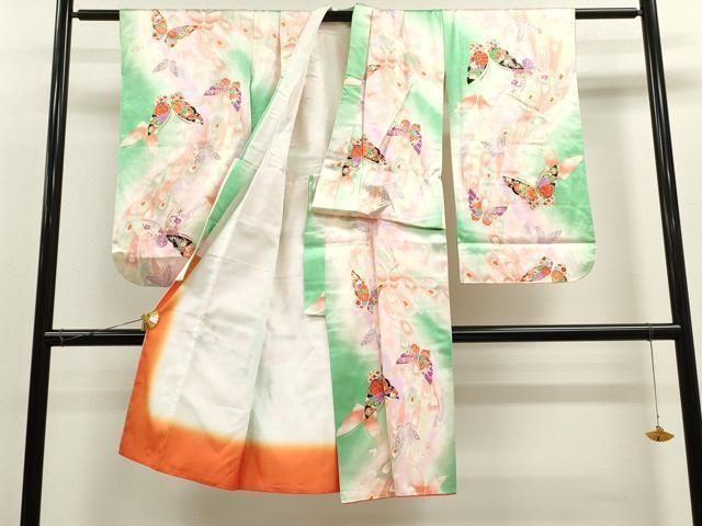 平和屋着物 七五三 女の子 ７歳 祝着 四つ身 長襦袢セット 孔雀羽舞蝶花文 暈し染め 金銀彩 ze