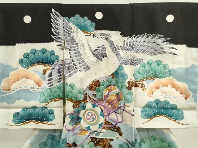 平和屋着物 お宮参り 男の子 祝着 産着 初着 のしめ 駒刺繍 鷹 鼓松文 銀彩 ze