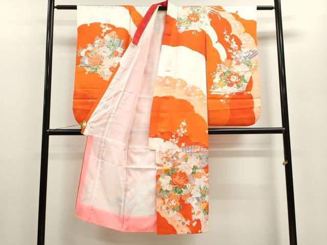 平和屋着物 七五三 女の子 ７歳 祝着 四つ身 雪芝扇面草花文 金彩 ze