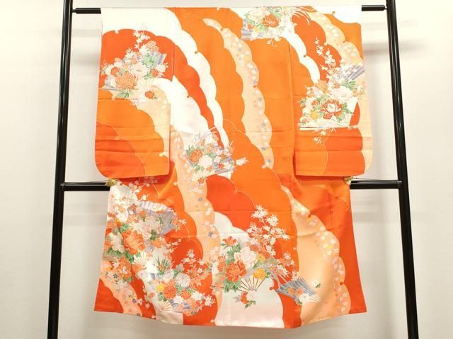 平和屋着物 七五三 女の子 ７歳 祝着 四つ身 雪芝扇面草花文 金彩 ze