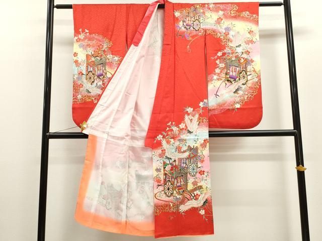 平和屋着物 七五三 女の子 ７歳 祝着 四つ身 御所車飛鶴枝垂れ花文 金彩 ze