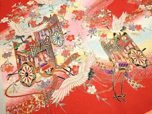 平和屋着物 七五三 女の子 7歳 祝着 四つ身 御所車飛鶴枝垂れ花文 金彩 ze