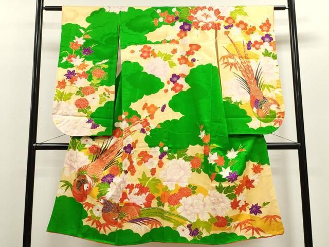 平和屋着物 七五三 女の子 ７歳 祝着 四つ身 駒刺繍 尾長鳥雲取り草花文 金彩 ze