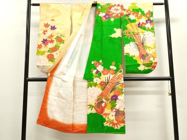 平和屋着物 七五三 女の子 ７歳 祝着 四つ身 駒刺繍 尾長鳥雲取り草花文 金彩 ze