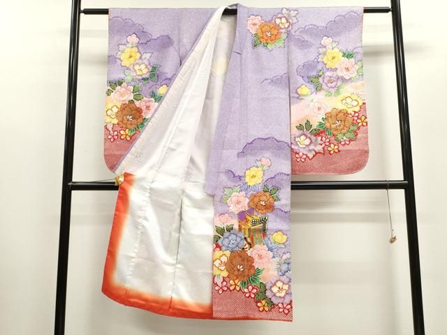 平和屋着物 七五三 女の子 ７歳 祝着 四つ身 駒刺繍 雲取り御所車草花文 金彩 ze