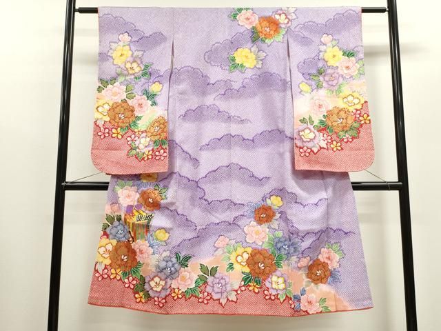 平和屋着物 七五三 女の子 ７歳 祝着 四つ身 駒刺繍 雲取り御所車草花文 金彩 ze