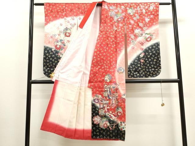 平和屋着物 七五三 女の子 ７歳 祝着 四つ身 長襦袢セット 御所車舞蝶草花丸文 暈し染め 金銀彩 ze