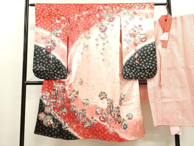 平和屋着物 七五三 女の子 ７歳 祝着 四つ身 長襦袢セット 御所車舞蝶草花丸文 暈し染め 金銀彩 ze