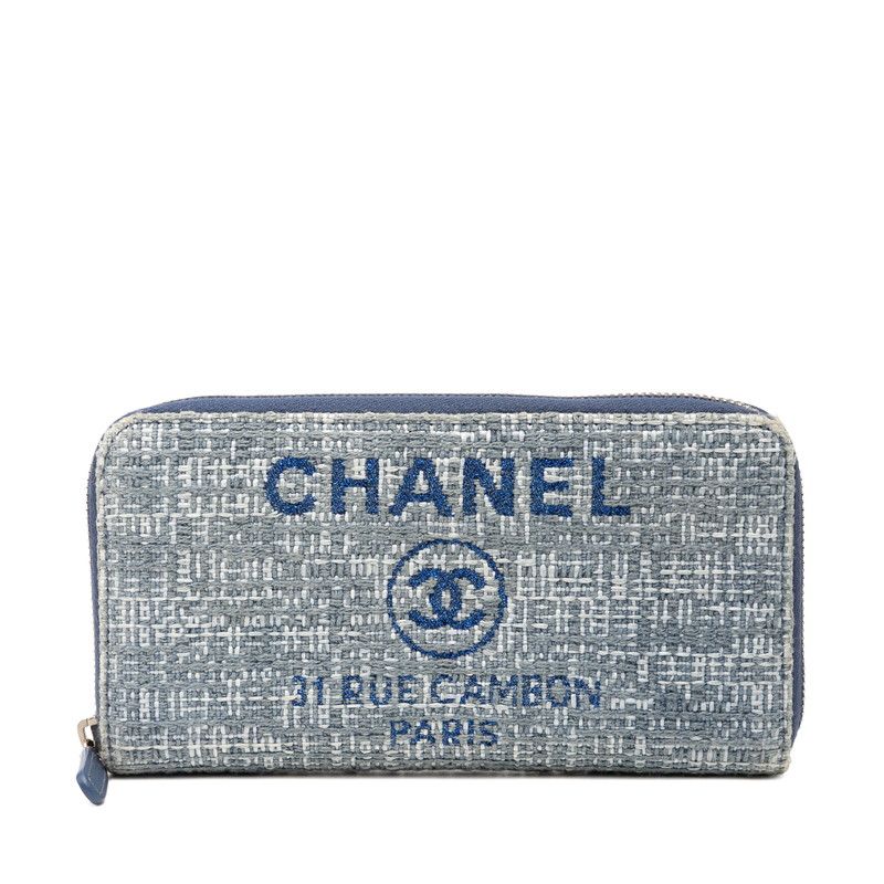 シャネル ココマーク ドーヴィル 長財布 ラウンドファスナー ブルー ツイード レザー レディース CHANEL 228-41394