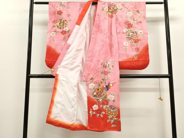 平和屋着物 七五三 女の子 ７歳 祝着 四つ身 袋帯セット 折り鶴 鞠枝花文 暈し染め 金彩 ze