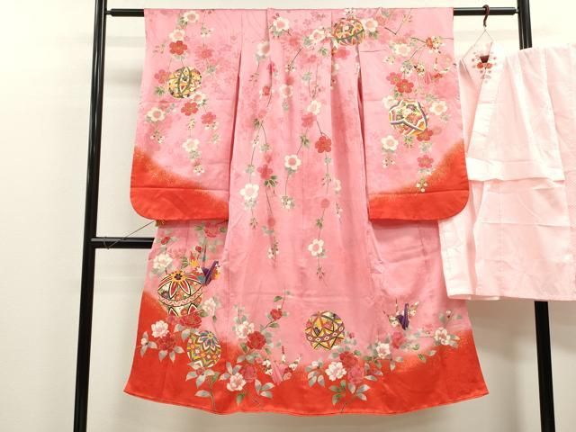 平和屋着物 七五三 女の子 ７歳 祝着 四つ身 袋帯セット 折り鶴 鞠枝花文 暈し染め 金彩 ze