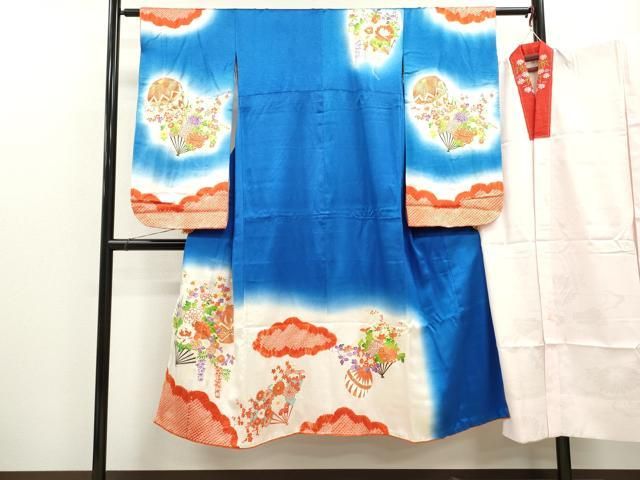 平和屋着物 七五三 女の子 ７歳 祝着 四つ身 長襦袢セット 絞り 雲取り鞠扇面花文 暈し染め 金彩 ze