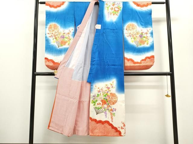 平和屋着物 七五三 女の子 ７歳 祝着 四つ身 長襦袢セット 絞り 雲取り鞠扇面花文 暈し染め 金彩 ze