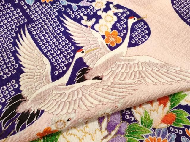  平和屋着物 七五三 女の子 ７歳 祝着 四つ身 袋帯セット 駒刺繍 群鶴草花文 金彩 ze 着物 着物ドレス 着物 浴衣 和小物