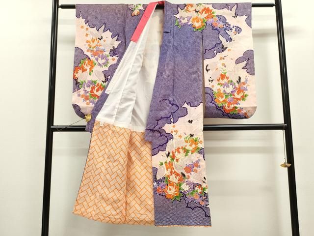 平和屋着物 七五三 女の子 ７歳 祝着 四つ身 袋帯セット 駒刺繍 群鶴草花文 金彩 ze