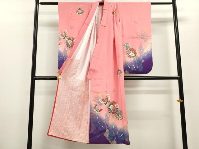 平和屋着物 七五三 女の子 ７歳 祝着 四つ身 鞠舞蝶花文 たたき染め 金銀彩 ze