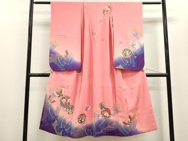 平和屋着物 七五三 女の子 ７歳 祝着 四つ身 鞠舞蝶花文 たたき染め 金銀彩 ze