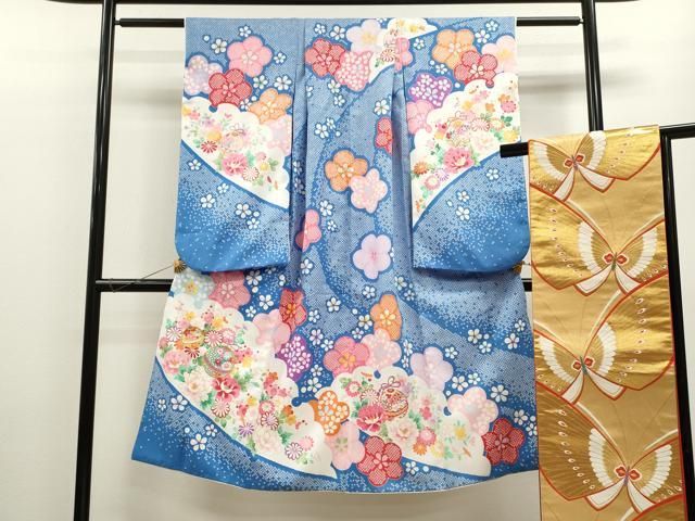 平和屋着物 七五三 女の子 ７歳 祝着 四つ身 袋帯セット 刺繍 鈴 舞花文 金彩 洗える着物 ze