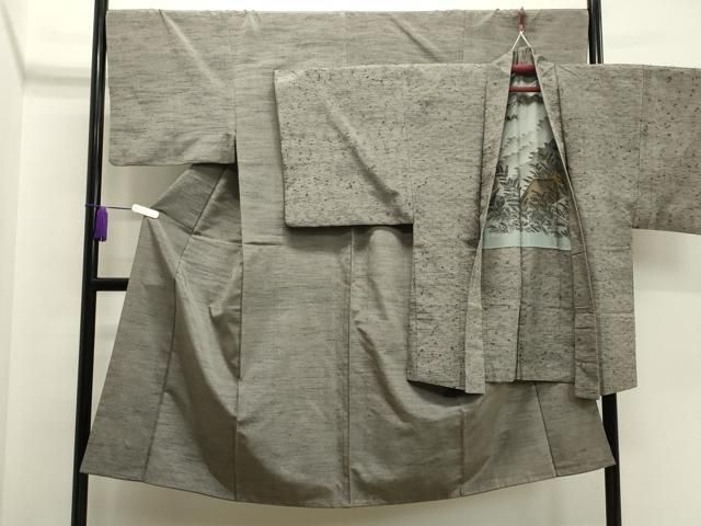 平和屋着物●男性　紬　髭紬羽織セット　霞文　薄墨色　正絹　逸品　CABA1331gh 平和屋着物○男性 紬 髭紬羽織セット 霞文 薄墨色 正絹 逸品