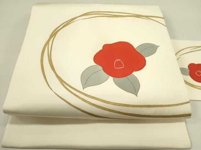 平和屋着物●塩瀬 九寸名古屋帯 草花 金彩 正絹 op