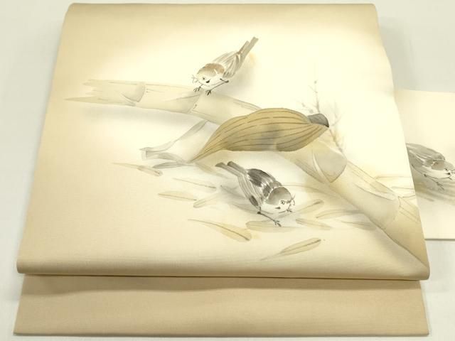 平和屋着物 塩瀬 九寸名古屋帯 作家物 手描き 雀 スズメ 正絹 op