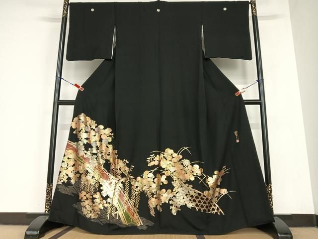 平和屋着物●金彩工芸 畑山敦夫 黒留袖 渡り橋草花文 金彩 正絹 zg