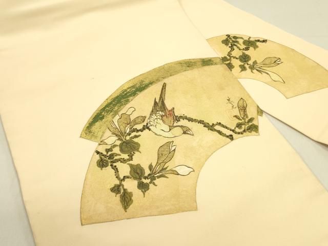 平和屋着物 塩瀬 九寸名古屋帯 地紙花鳥文 金彩 正絹 op