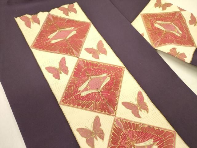 平和屋着物 塩瀬 九寸名古屋帯 舞蝶菱文 金彩 正絹 op