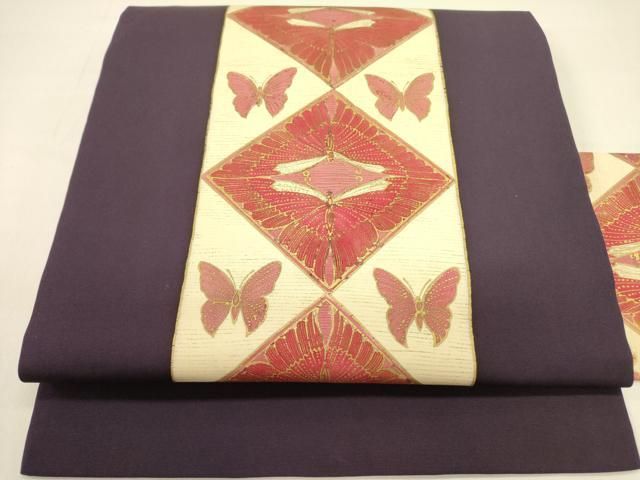 平和屋着物 塩瀬 九寸名古屋帯 舞蝶菱文 金彩 正絹 op