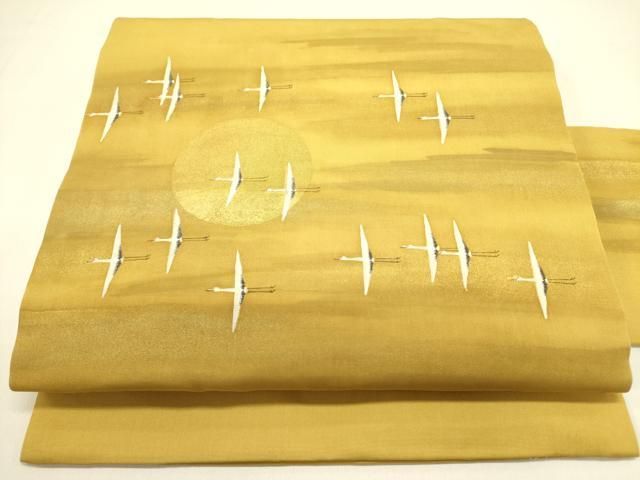 平和屋着物●塩瀬 九寸名古屋帯 作家物 飛鶴文 月 金彩 正絹 op