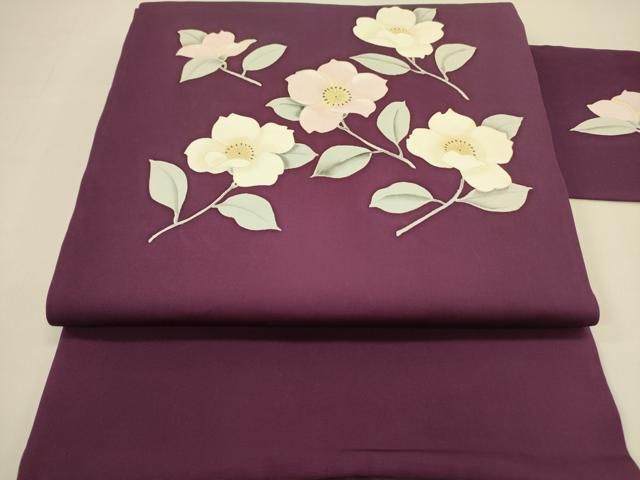 平和屋着物 塩瀬 九寸名古屋帯 手描き 草花 正絹 op