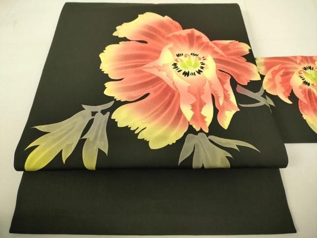 平和屋着物 塩瀬 九寸名古屋帯 作家物 ろうけつ染め 草花文 黒地 正絹 du