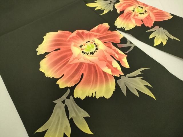 平和屋着物 塩瀬 九寸名古屋帯 作家物 ろうけつ染め 草花文 黒地 正絹 du