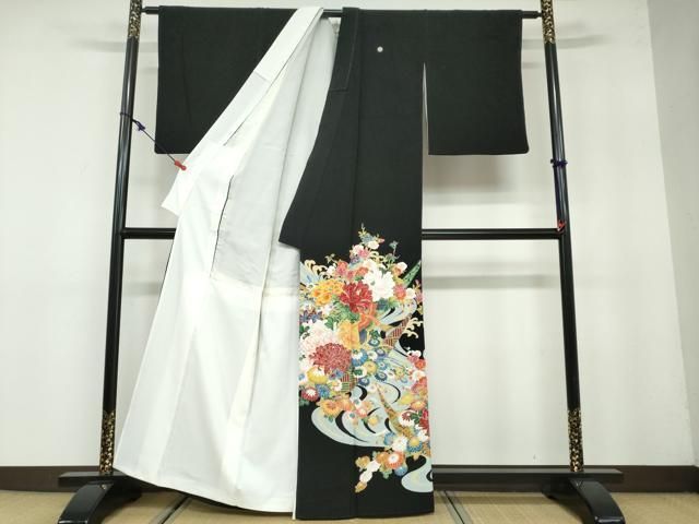 平和屋着物 豪華黒留袖 作家物 流水花鳥文 金彩 正絹 ud