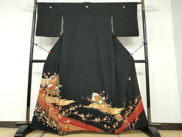 平和屋着物 女優 後藤久美子ブランド 黒留袖 駒刺繍 几帳飛鶴草花文 暈し染め 金彩 正絹 ud