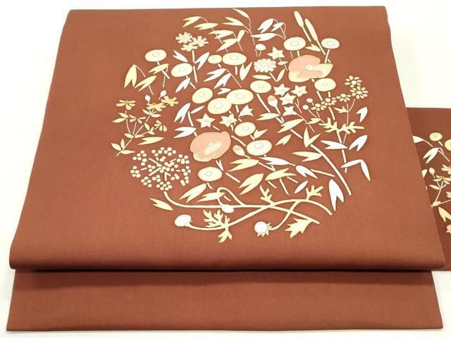 平和屋着物●塩瀬 九寸名古屋帯 駒刺繍 草花文 金彩 正絹 ob