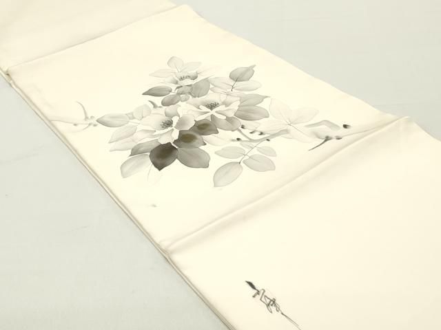 平和屋着物 塩瀬 九寸開き名古屋帯 作家物 手描き 枝花文 金彩 正絹 ob